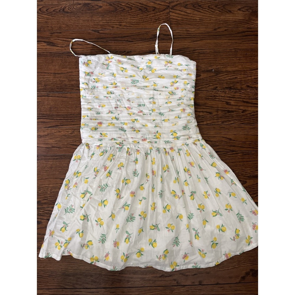 Japna Lemon Print Cotton Mini Dress White Ruffle Hem Smocked Back Womens M NWT